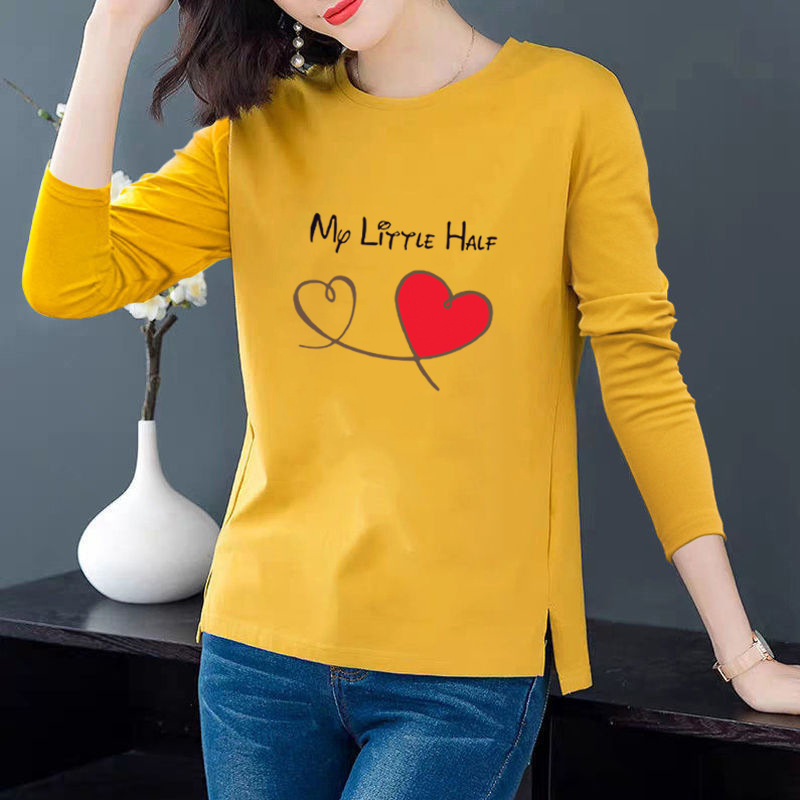 [100 cotton] 2024 spring and autumn long sleeve pullover printed cotton T-shirt casual round neck loose women's base shirt