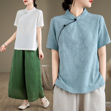 实拍图民国风棉麻提花斜襟盘扣上衣立领短袖套头复古文艺禅茶服女