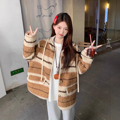 韩版复古条纹连帽卷卷仿羊羔毛毛外套女秋冬松弛毛呢长袖开衫上衣