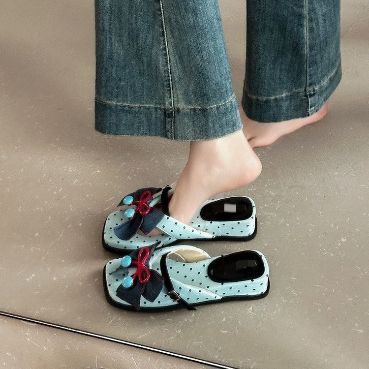 Un botón dulce arco ondulado flip flops para mujeres 06 verano usar coreana de suela gruesa sandallas de playa antideslizantes image 3