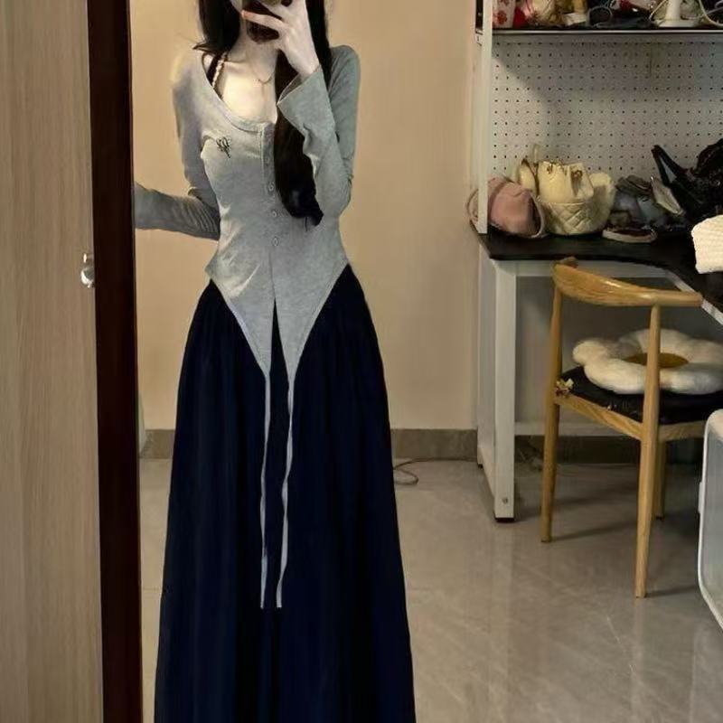 修身显瘦掐腰藏青色吊带连衣裙女2025秋季新款开衫长裙学院风套装|undefined
