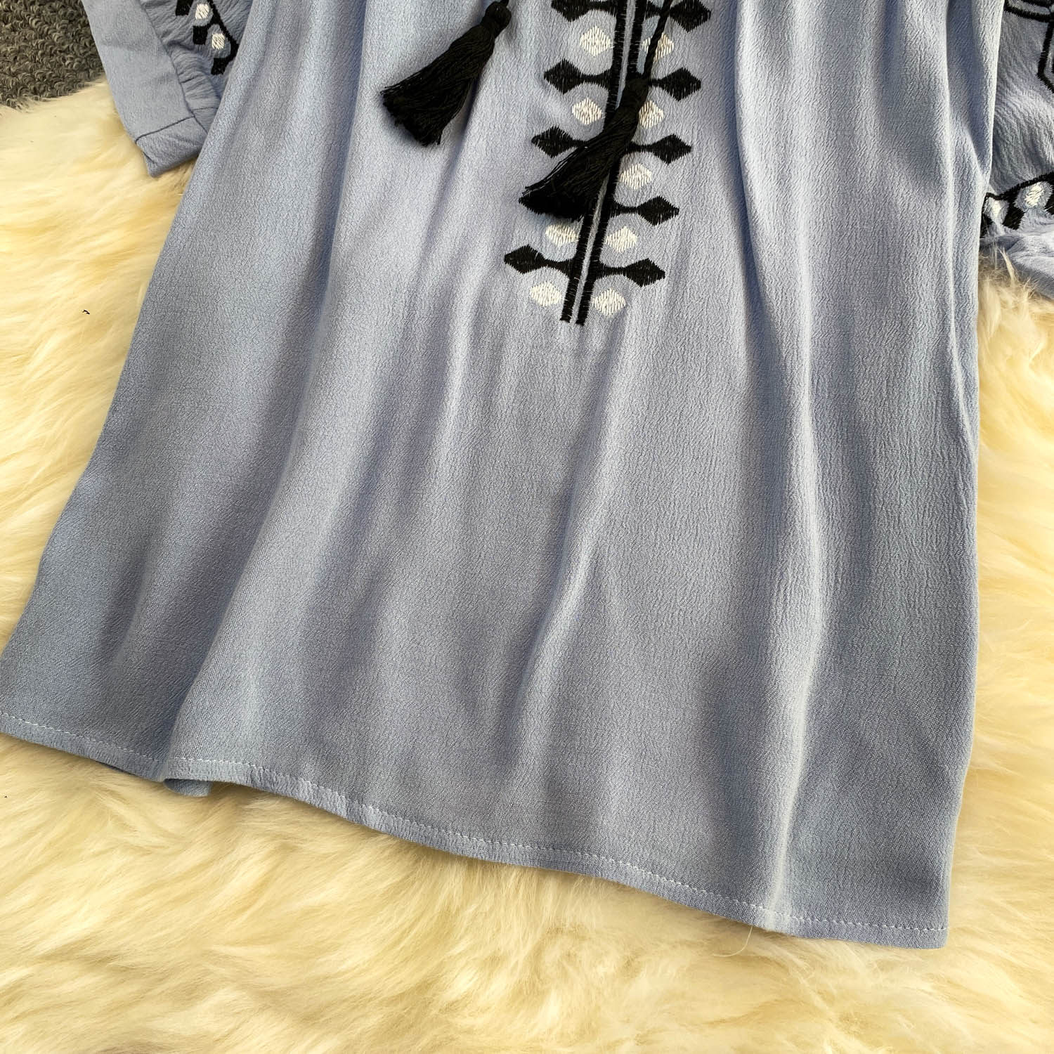 Women's Bohemian Style Sweet Embroidered Tie Neck Round Neck Mid Sleeve T-Shirt Summer Loose Fit Slimming Ethnic Retro Top_ecoleips.com