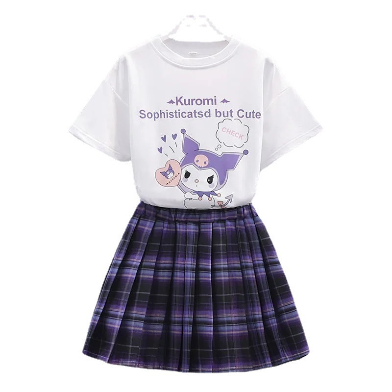 子供服の女の子の夏服の学院の新型の子供の洋風の中で大きい子供のスーツのスカートの夏の半袖のtシャツの2つのセット|undefined