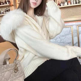 工厂毛领连帽毛衣外套女款秋冬韩系慵懒风气质小个子针织衫上衣潮