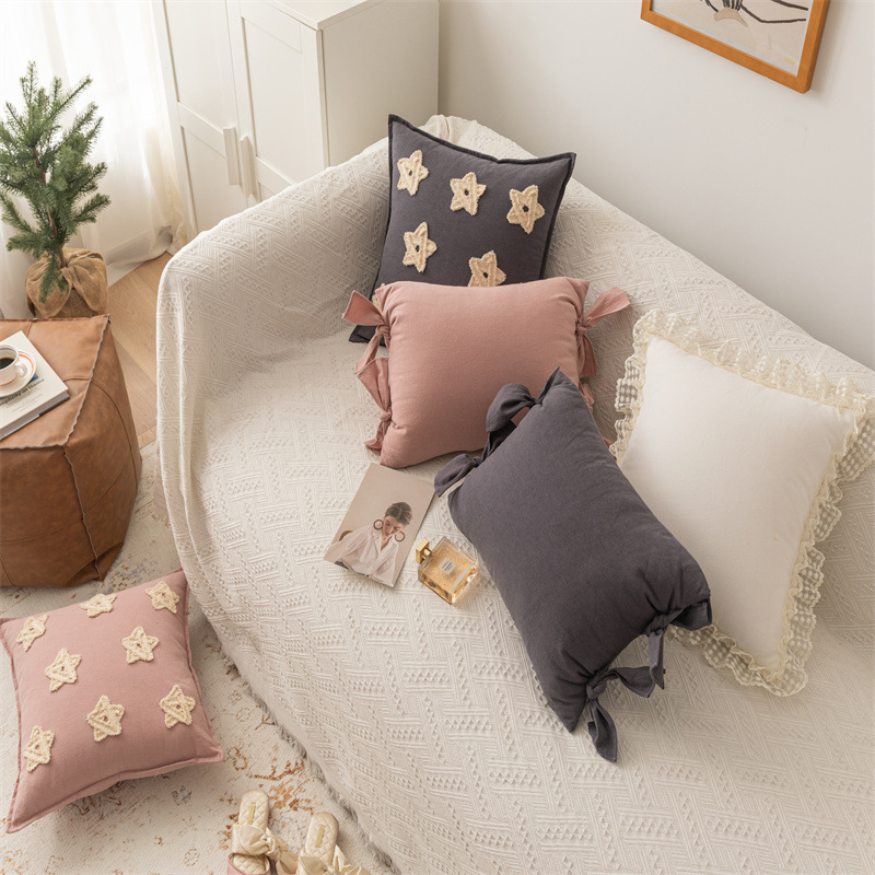 Housse de coussin de canapé en coton et lin de couleur unie avec nœud brodé en forme d'étoile pour décoration de maison_voghion.com