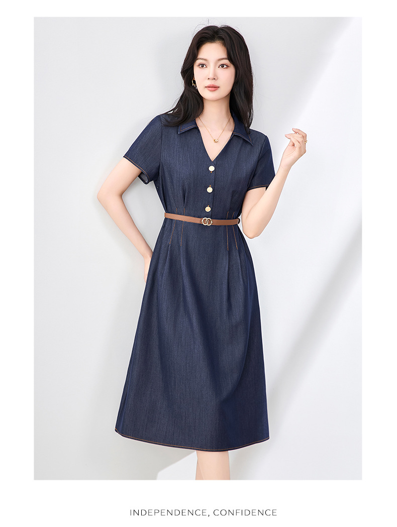 Váy liền denim sơ mi kiểu Pháp thắt eo thanh lịch — Màu xanh lam nhạt chi tiết 12