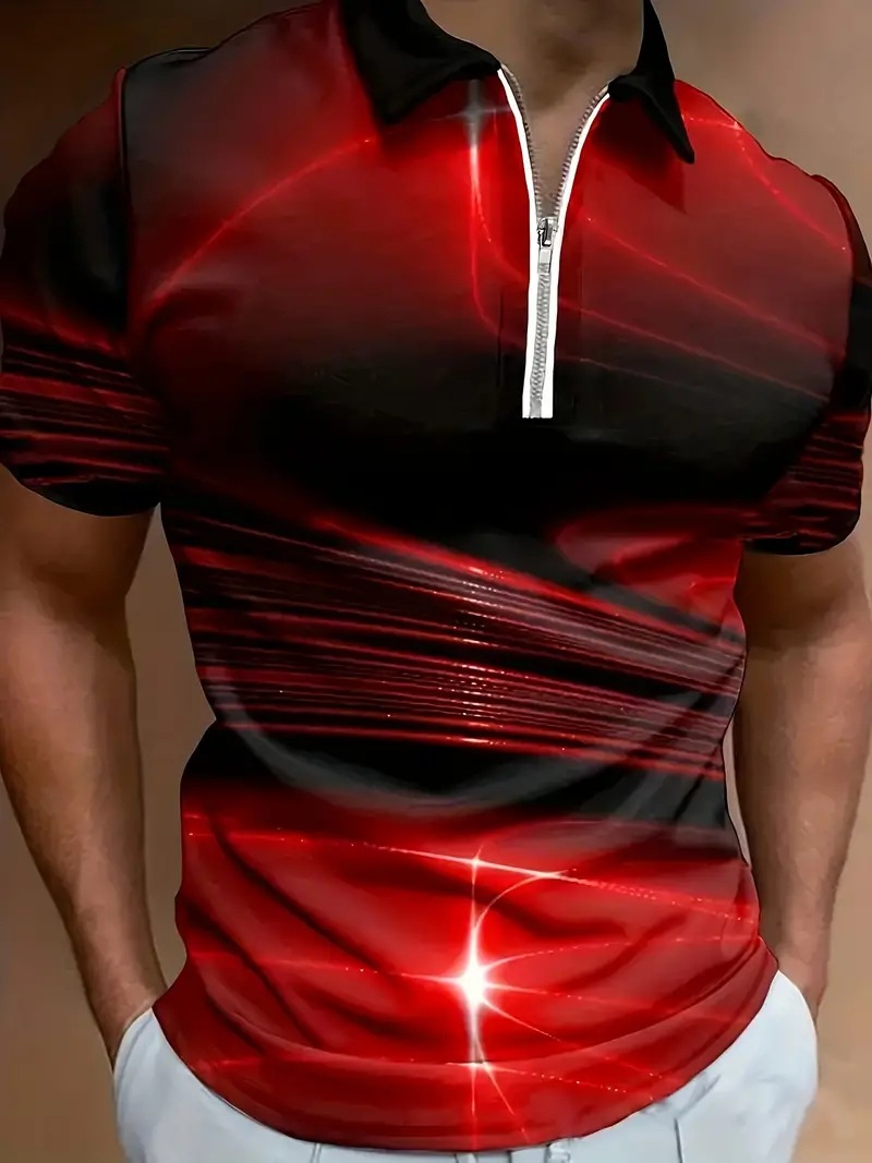 Clásico negro y rojo color degradado halo estampado 3D hombre negocio suelto ojo tela transpirable manga corta cremallera camisa POLO
