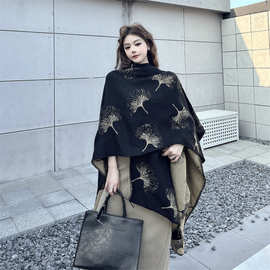 百搭单品!银杏水墨画披肩女秋冬季围巾两用新中式披风大斗篷