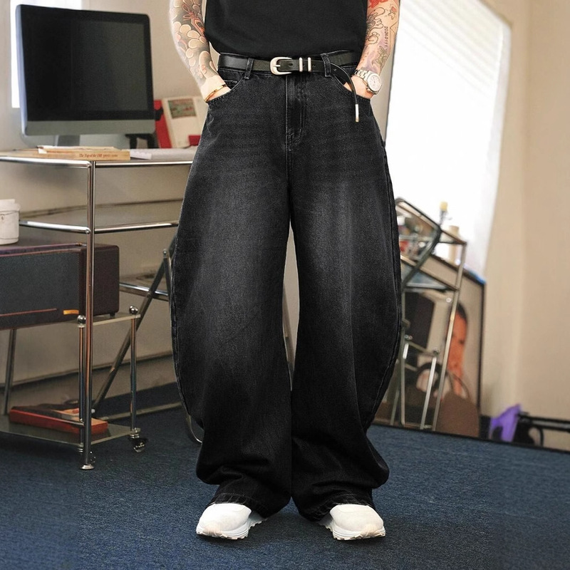 European and American Style Spring and Autumn American High Street Retro Street Fashion Black Loose Wide-Leg Straight Casual Jeans for Men and Women