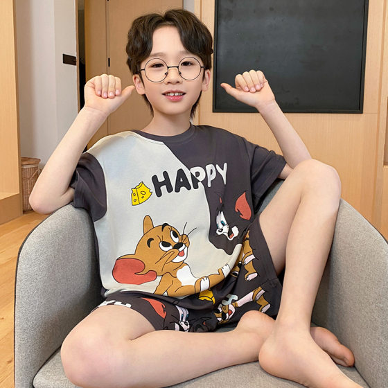 Boys' Pajamas Summer Short-sleeved Shorts Children's 100% Pure Cotton Middle and Big Kids Boys' Home Clothes Youth Cartoon suit