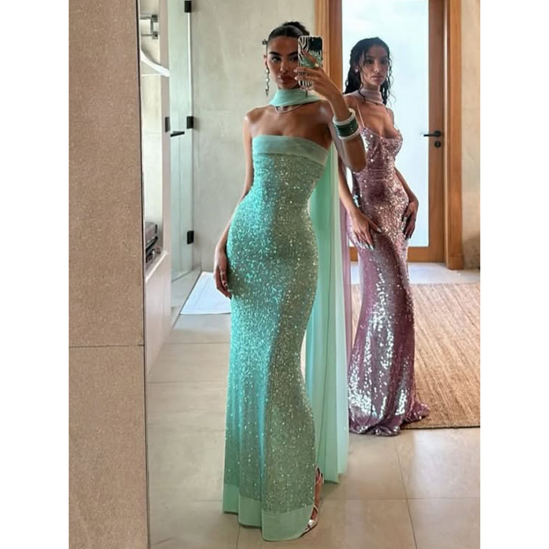 Cross-Border European and American New Style Sexy Strapless Solid Color Slim-Fit Long Dress with Sequins in a Socialite Style for Women
