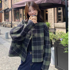 小香风绿色格子双面呢羊毛短款外套女秋冬2025新款小个子漂亮大衣