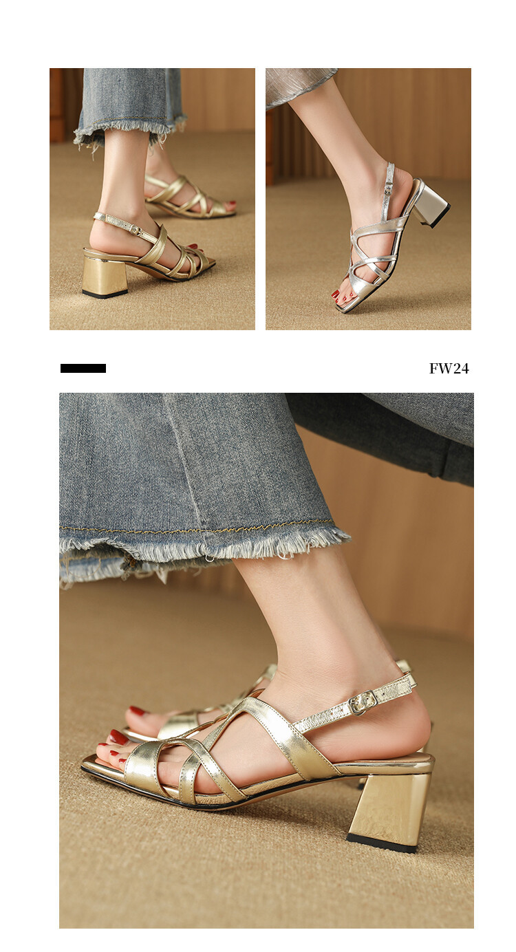 Sandal cao gót nữ da thật mũi vuông hở mũi gót thô 9 cm — Màu vàng, Màu bạc chi tiết 8