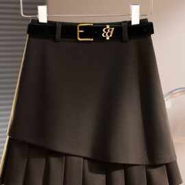 2025秋冬季新款时尚毛呢设计感显瘦高腰百褶防走光a字包臀半身裙