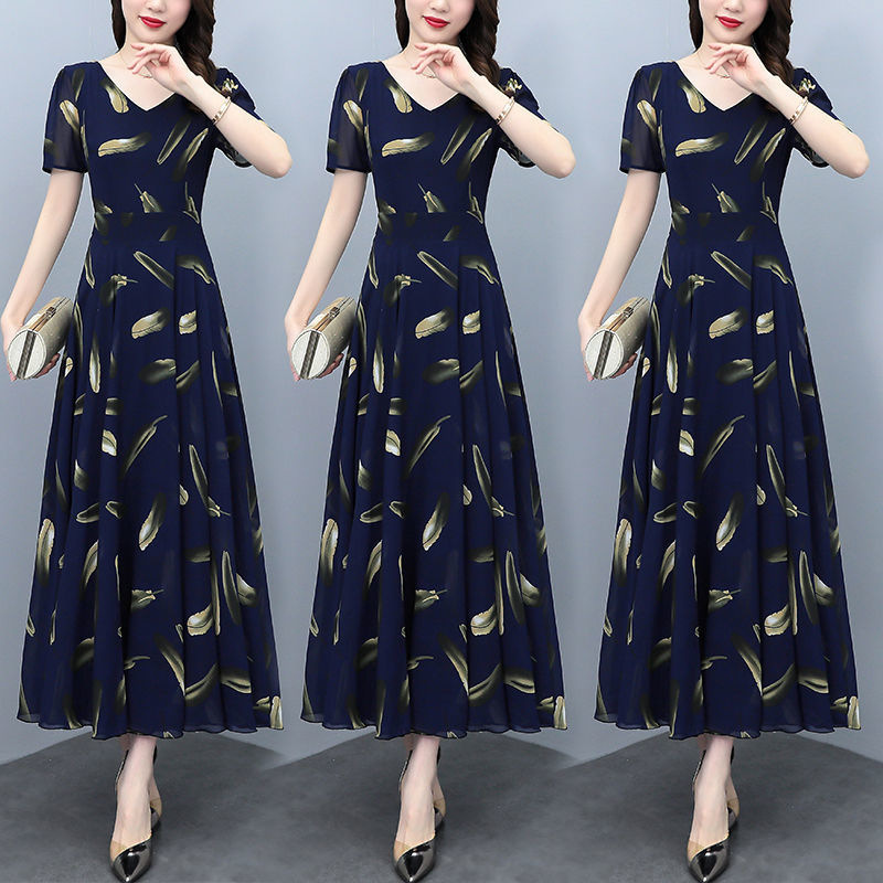 Ice Silk 2024 Mother's Printed Short-sleeved dress Women's Belt Tight Waist Slimming Age-reducing Western Style Oversize Skirt