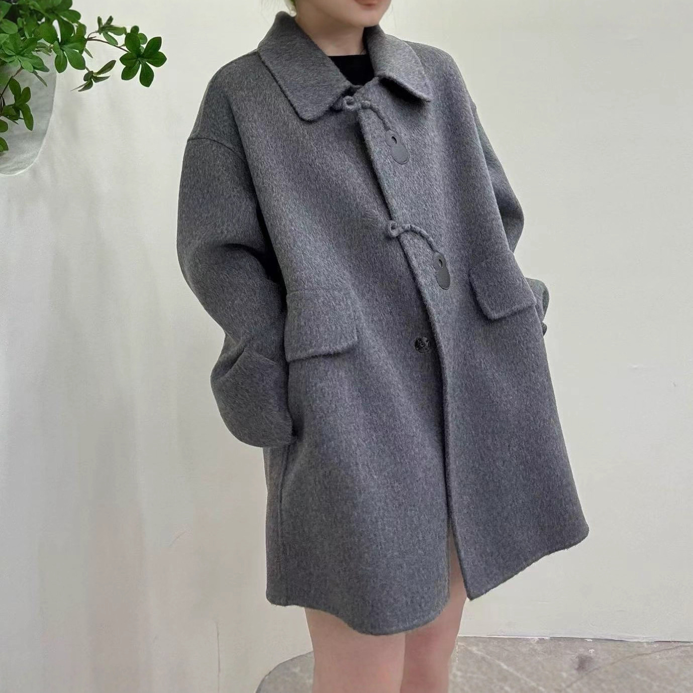 葫芦扣特价反季大促国风中长款双面羊毛大衣女翻领