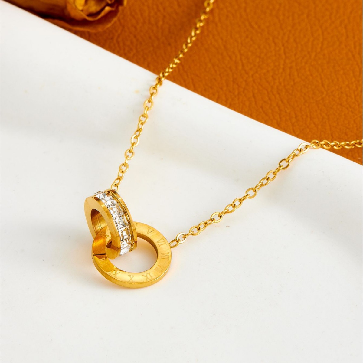 Titanium Steel Color-free Roman Numeral Double Ring Necklace Women's Golden Pendant Light Luxury Clavicle Chain Simple Internet Celebrity Fashionable