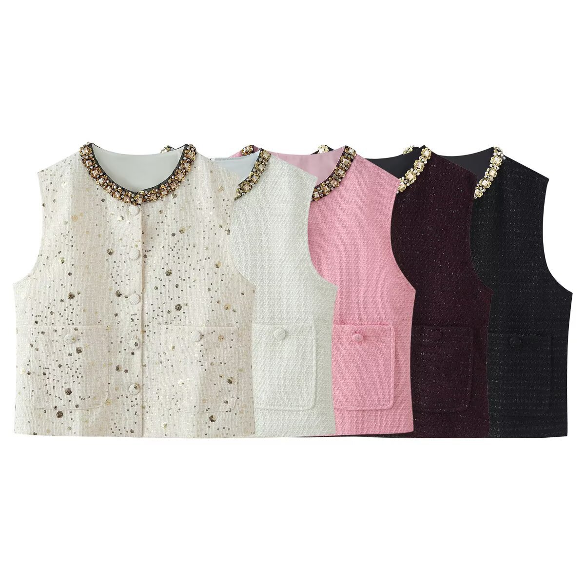 Myst & Za ropa de mujer verano 2026 nuevo estilo de moda temperamento elegante con diamantes de cuello redondo chaqueta de chaleco de fragancia