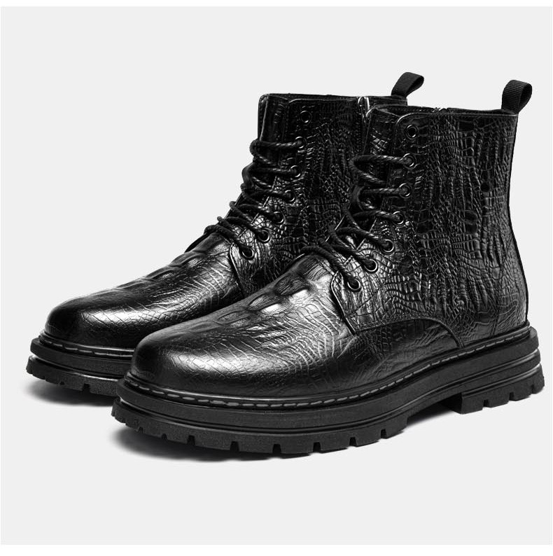Men's Martin boots, outdoor work boots, crocodile pattern thick-soled leather boots