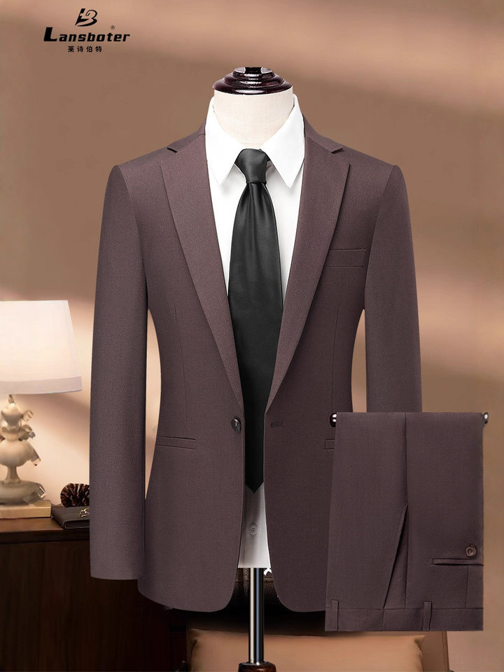 Bộ vest nam pha len dáng ôm, áo vest một hàng cúc cổ bẻ phẳng, quần xẻ tà sau giữa — Màu nâu Mocha