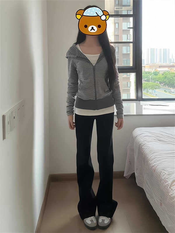 韩版女高原宿风条纹长袖开衫卫衣女设计感显瘦小个子气质百搭外套|undefined