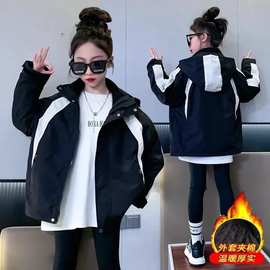 女童夹棉加厚外套秋冬装2024新款洋气休闲中大童保暖外穿冲锋衣潮