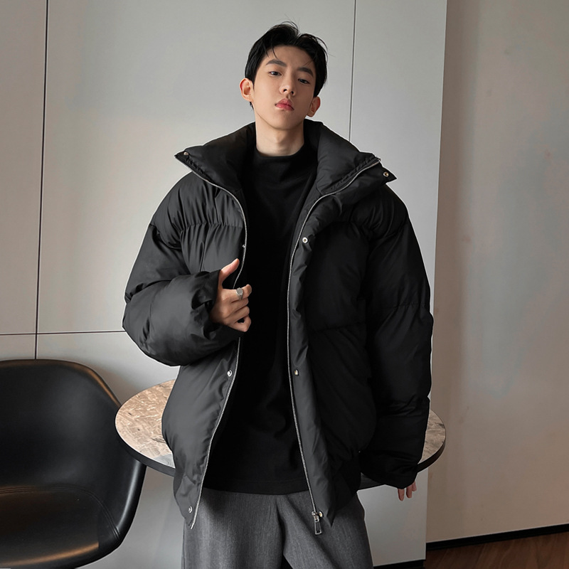 American-Style Pu Leather Short down Jacket for Men, Winter Trendy Brand Cleanfit Stand-Up Collar Puffer Jacket, Warm Cotton Coat