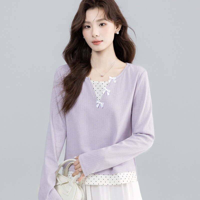 Casual style light purple faux two-piece long-sleeve T-shirt for women, 26 autumn new color-blocking short top Casual style light purple faux two-piece long-sleeve T-shirt for women, 26 autumn new color-blocking short top