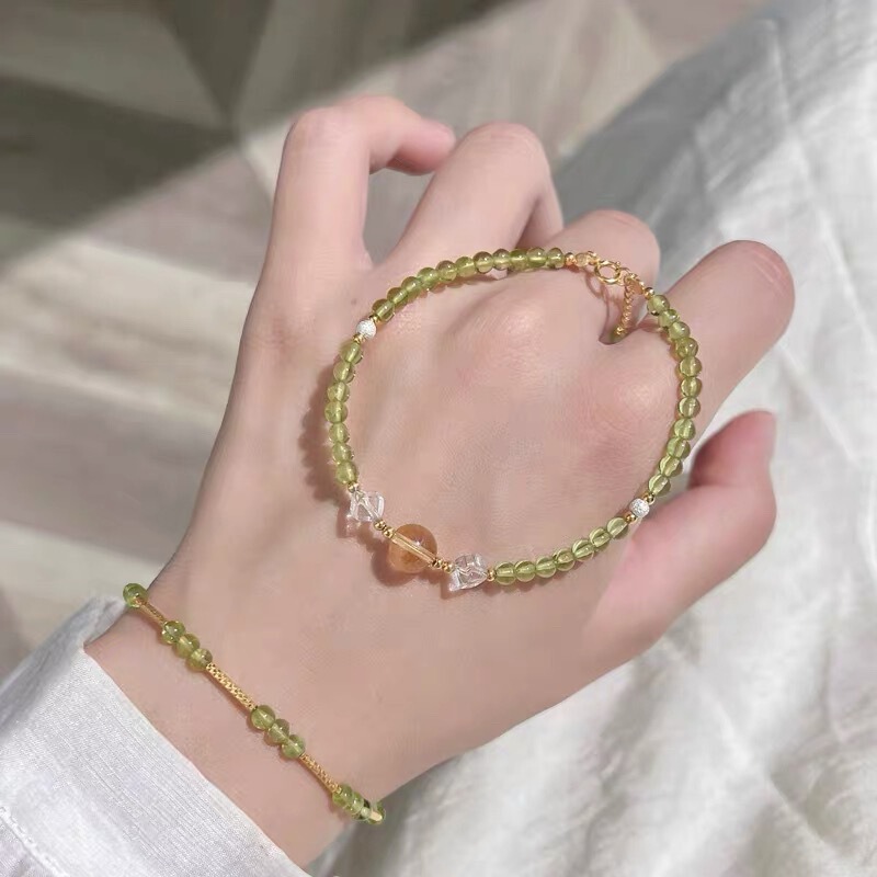 8A Grade "Lime Dew" Peridot Bracelet for Women, Vintage Style, Fresh and Simple, Yellow Crystal, White Crystal