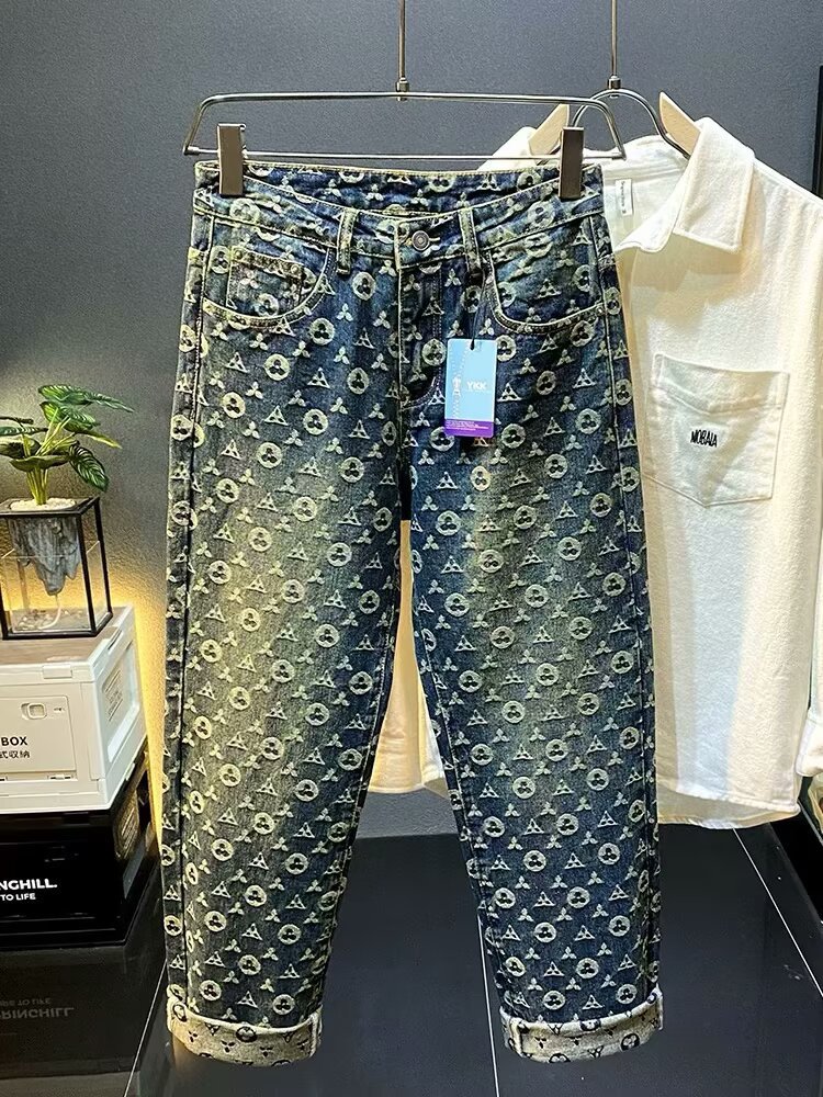 Men's Vintage Washed Denim Jacquard Printed Pants Straight-Leg Cut Retro High Street Aesthetic Jeans_mkmklike.com