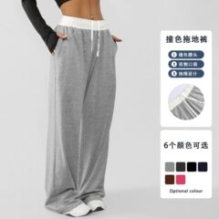 跨境撞色抽绳女装阔腿休闲宽松运动裤舒适欧美个性街头春季新款女