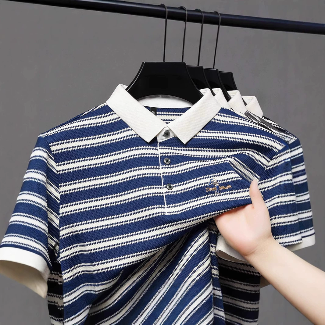 2025 новая полосатая вышитая короткая рубашка-поло мужская летняя деловая повседневная дышащая футболка с контрастным воротником топ
