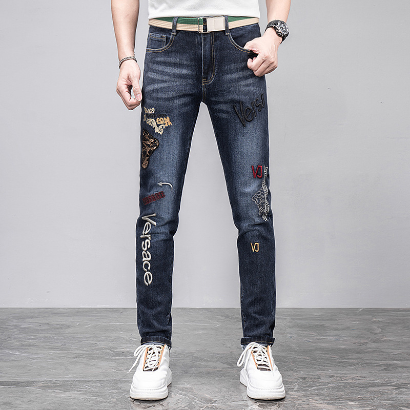 Tredy brodé jeas me's slim fit leggigs, automne ad witer ew corée élastique noir polyvalent bûche pats pour_voghion.com