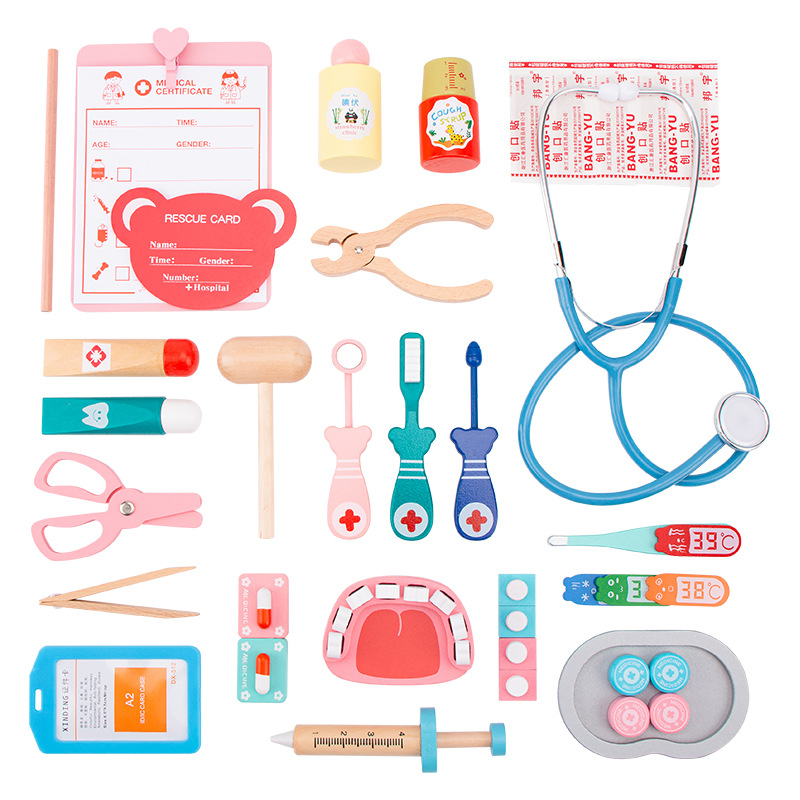 Productos de madera doctor niños juguetes de simulación jugar casa doctor enfermera inyección caja de madera almacenamiento caja de la medicina hombres y mujeres