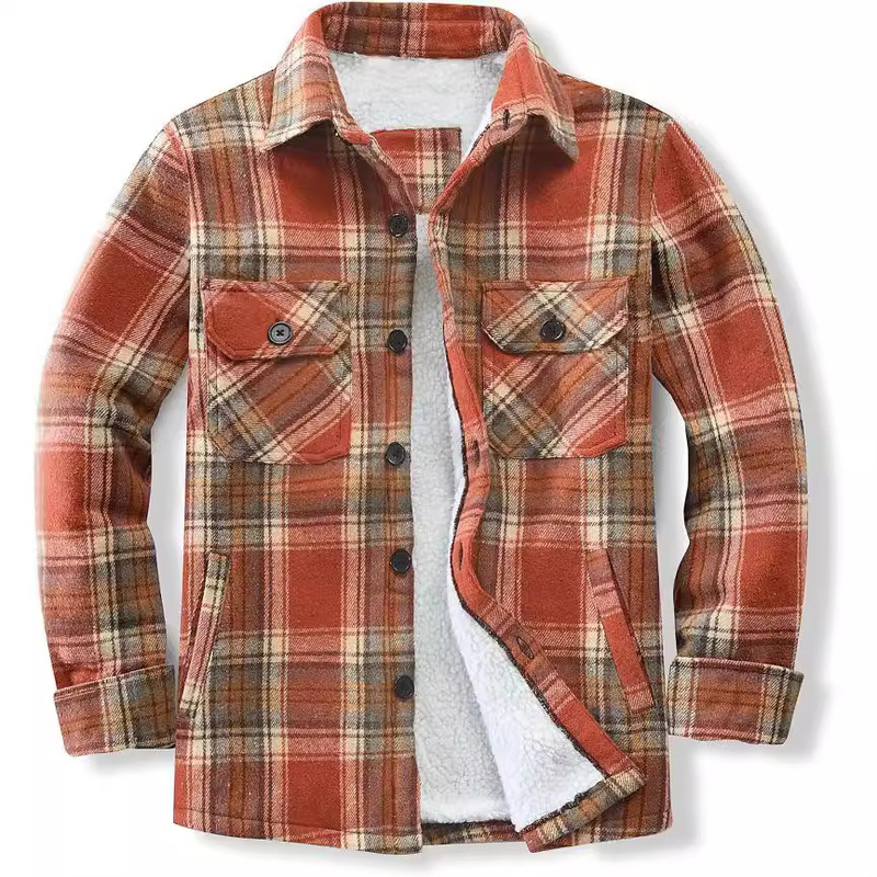 Cross-Border Men's Jacket 2024 Amazon Fleece-Lined Long-Sleeve Plaid Thickened Shirt Cotton Jacket Windproof
