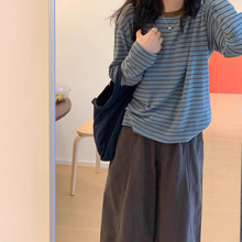 韩系撞色条纹针织长袖T恤女春秋季宽松百搭打底衫慵懒松弛感上衣