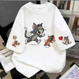 纯棉短袖t恤卡通可爱汤姆猫米老鼠仿刺绣印花上衣百搭宽松夏款