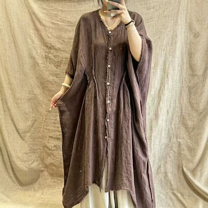 Niche Designer Vintage Loose-Fitting Frayed V-Neck Long Textured Linen Robe, Comfortable Versatile Dress for Women Niche Designer Vintage Loose-Fitting Frayed V-Neck Long Textured Linen Robe, Comfortable Versatile Dress for Women
