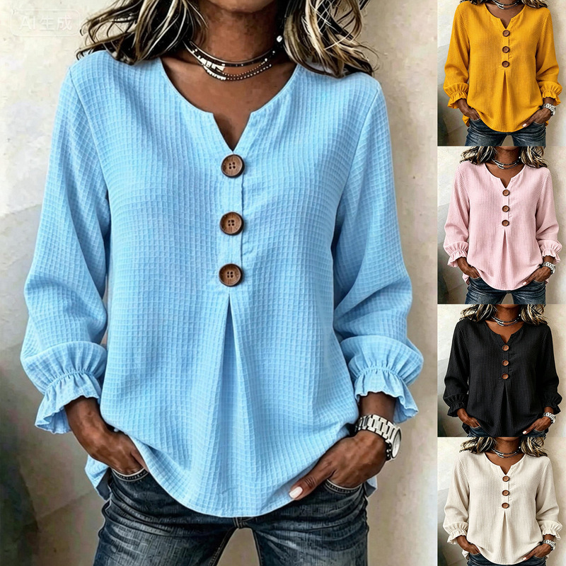 2026 European and American cross-border Amazon best-selling women's clothing: waffle knit V-neck ruffle sleeve loose slimming women's top 2026 European and American cross-border Amazon best-selling women's clothing: waffle knit V-neck ruffle sleeve loose slimming women's top