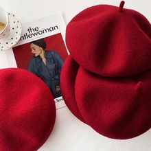 复古红色羊毛贝雷帽画家帽子圣诞新年节日百搭秋冬蓓蕾帽送礼女韩