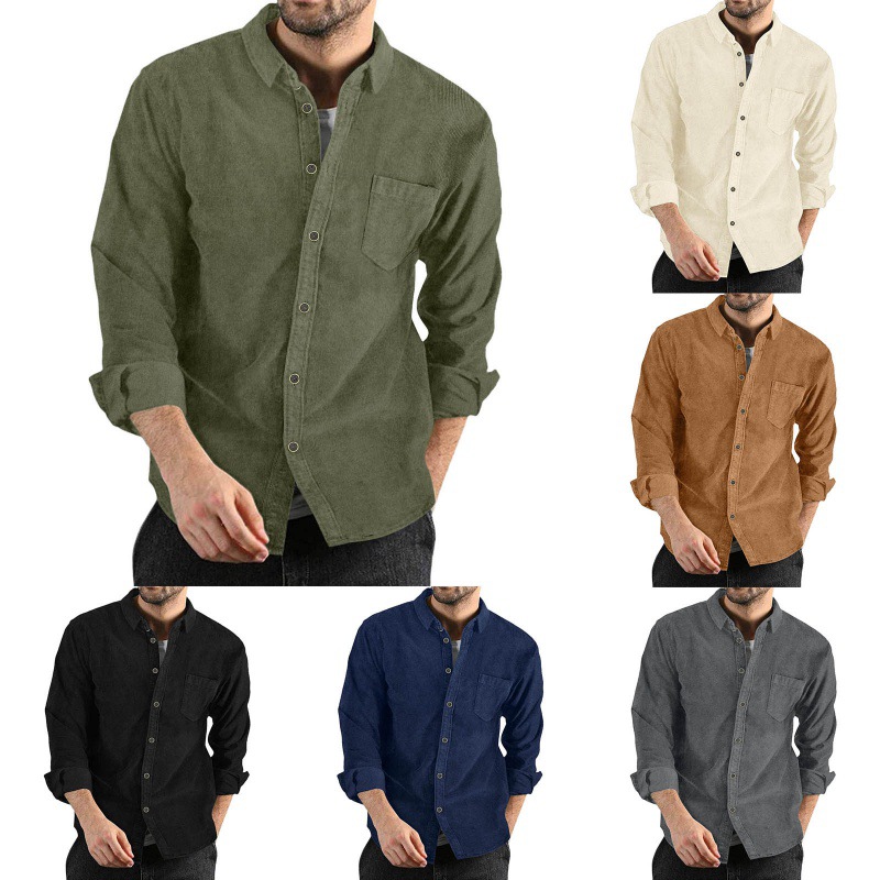 Men's Corduroy Shirt Jacket Casual Button Down Lapel Coat_voghion.com