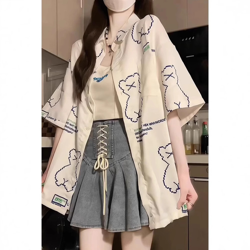 American-Style Full-Print Short-Sleeve Shirt for Women, Summer Cartoon Thin College-Style Loose Design Niche Shirt Jacket Trendy