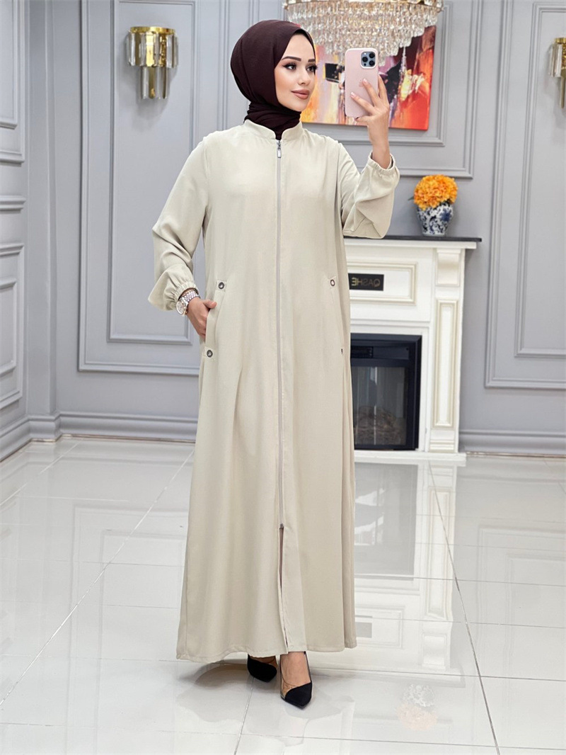 In Stock In Dubai, Middle East, 2024 New Fashion Stand-up Collar Zippered Pocket Loose Casual Dress Women's Robe_ecoleips.com