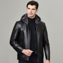 男士连帽皮衣2023冬季新款中老年男装加绒大码皮毛一体绵羊皮衣男