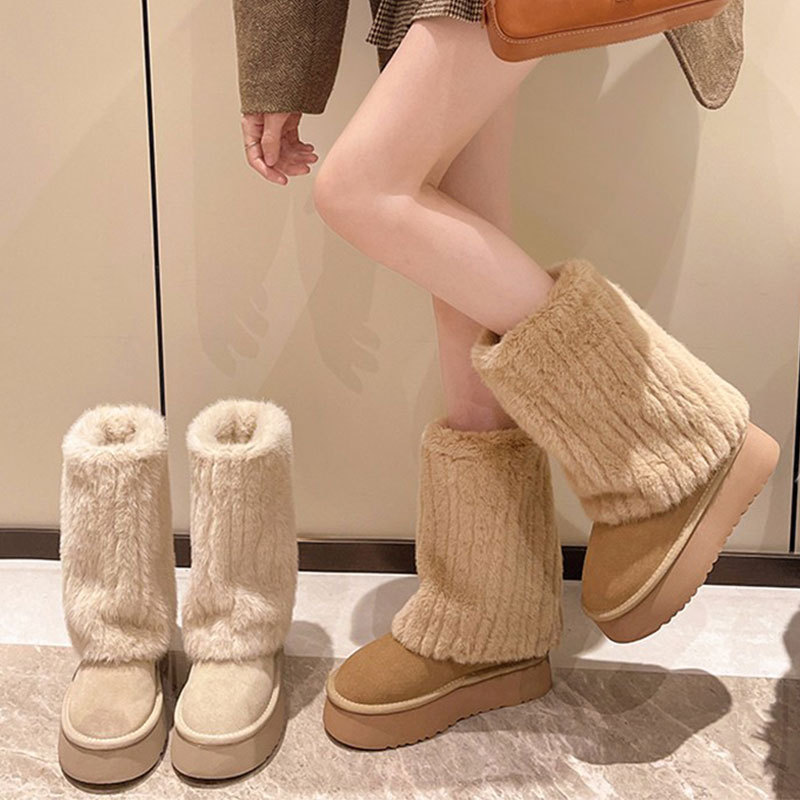 厚い底の毛の靴の女性のタイプ2025冬の新型の外は高級感のアイスランドのベルベットの中筒を着て高くなります。|undefined