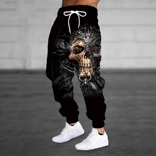 Men's Skull Print Pants Sporty Casual Laced-Up Ankle Guard Pants Loose Harem Pants Running Pants