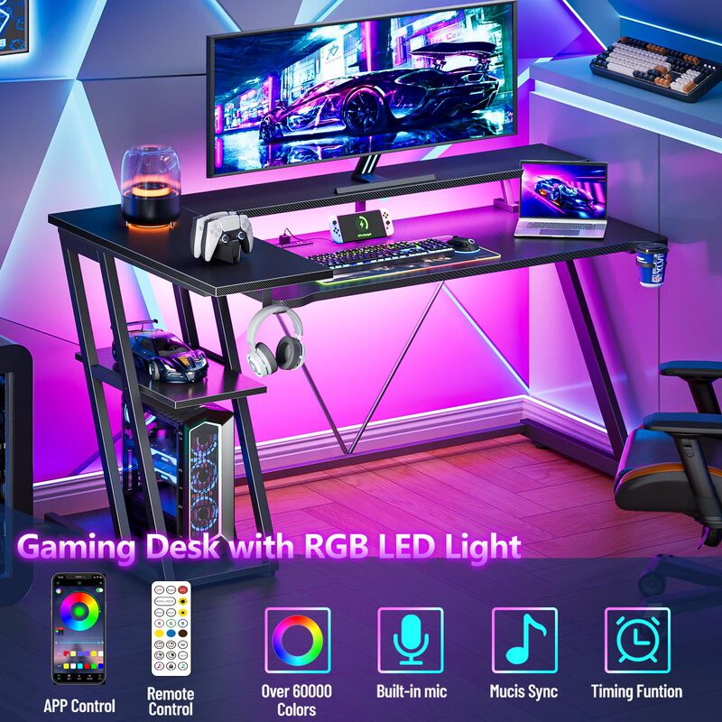 Computer desk with power socket and LED light with reversible L-shaped game table bedroom storage rack carbon fiber black