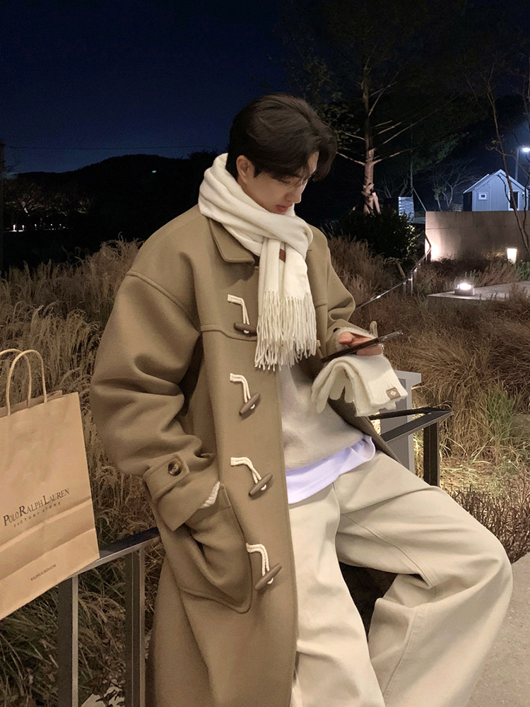 ASCLO&QIAO nueva chaqueta de invierno estilo coreano para hombre, abrigo de lana de longitud media, holgado y de alta gama, con botones de cuerno