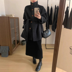 新款双立领系带羊绒羊毛大衣女韩版显瘦百搭小个子毛呢外套韩