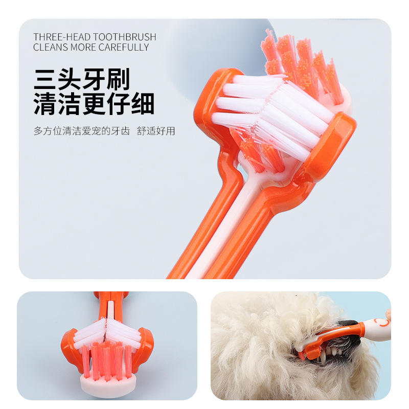 Cepillo de dientes para mascotas Cepillo de dientes para perros Cepillo de dientes para gatos Cepillo de dientes de tres cabezas Juego de pasta de dientes con sabor a vainilla Productos para mascotas al por mayor
